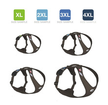 Comparaison des tailles de harnais pour chiens XL à 4XL, textile mesh marron avec réflecteurs et poignée de maintien.