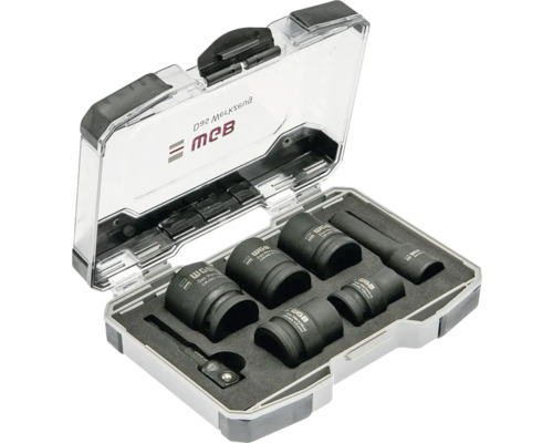 Jeu de douilles pour clé à chocs WGB 7 pièces en acier chrome-molybdène dans un coffret en plastique avec couvercle transparent.