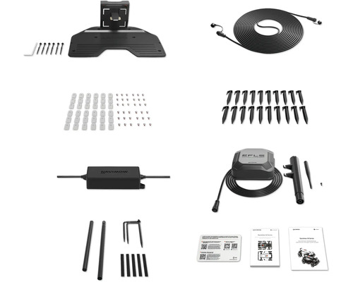 Kit d'accessoires pour robot tondeuse Navimow incluant station de charge, alimentation, câble, piquets, lames de rechange et antenne GNSS.