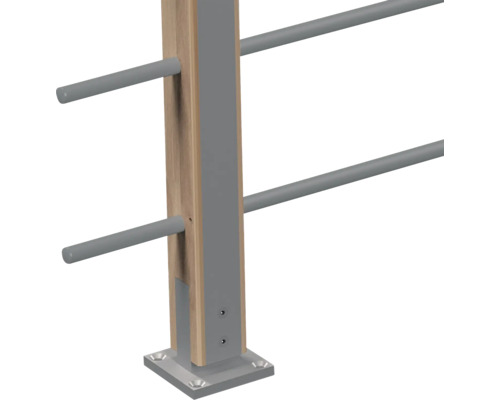 Poteau de rampe en bois et métal avec barres horizontales pour balustrades et escaliers modernes.
