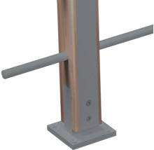 Poteau de garde-corps en bois avec éléments métalliques, platine de fixation et barres transversales pour escaliers ou balcons.