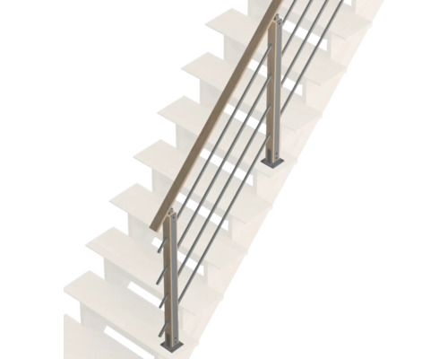 Garde-corps d escalier avec main courante en bois, poteaux et barres horizontales en acier inoxydable.