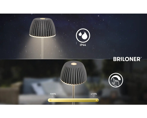 Briloner LED-Außenleuchte mit IP44 Spritzwasserschutz und Touch-Dimmer von 100 Prozent bis circa 10 Prozent Helligkeit.