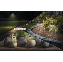 Briloner LED-Gartenleuchten Set in verschiedenen Anwendungen: im Rasen, in Pflanztöpfen und im Beet zur dekorativen Außenbeleuchtung. Briloner Logo.