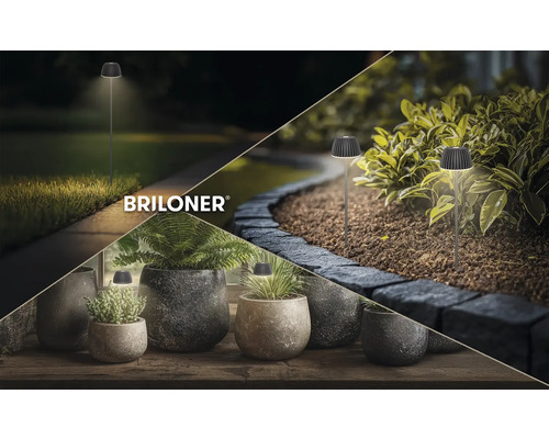 Briloner LED-Gartenleuchten Set in verschiedenen Anwendungen: im Rasen, in Pflanztöpfen und im Beet zur dekorativen Außenbeleuchtung. Briloner Logo.