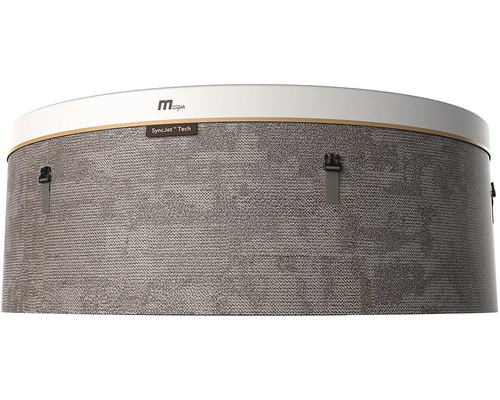 Paroi extérieure d un jacuzzi MSpa rond avec texture grise, inscription SyncJet Tech, MSpa Logo et boucles de fermeture.