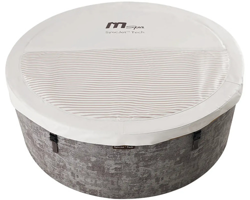 Spa gonflable MSpa SyncJet Tech, de forme ronde, doté d une paroi extérieure texturée et d un couvercle thermique blanc avec sangles.