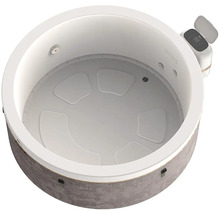 Spa gonflable rond avec extérieur gris aspect pierre, intérieur blanc avec coussins de siège et panneau de commande externe.