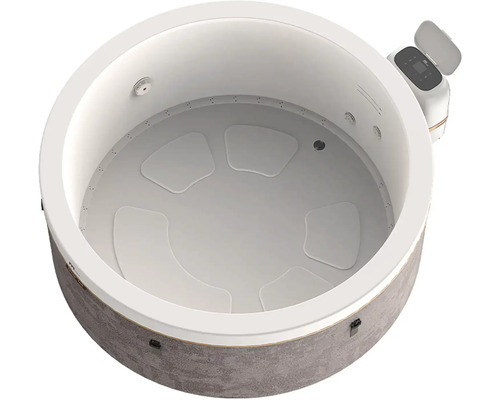 Spa gonflable rond avec extérieur gris aspect pierre, intérieur blanc avec coussins de siège et panneau de commande externe.