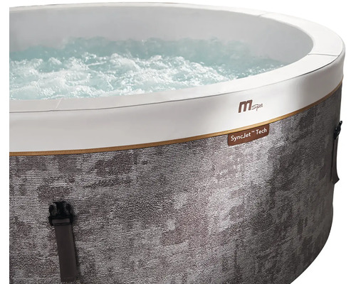 Spa gonflable MSpa avec technologie SyncJet, paroi extérieure gris chiné et eau bouillonnante.