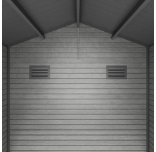 Vue intérieure d une cabane de jardin avec des panneaux muraux horizontaux, deux grilles de ventilation et un pignon sous le toit.