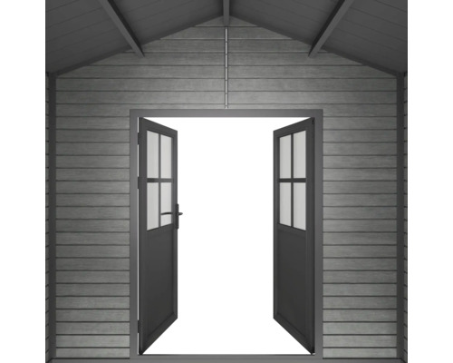 Vue intérieure d un abri de jardin en bois avec une double porte ouverte et un toit à pignon.