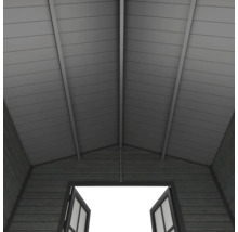 Vue intérieure d une structure de toit en panneaux de bois avec poutres de support pour un abri de jardin.