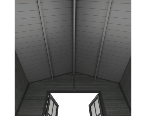 Vue intérieure d une structure de toit en panneaux de bois avec poutres de support pour un abri de jardin.