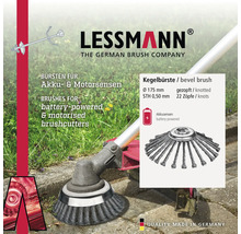 Lessmann Logo, Kegelbürste für Akku- und Motorsensen, gezopft, 175 Millimeter Durchmesser, 22 Zöpfe, für batteriebetriebene Geräte geeignet.