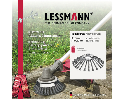 Lessmann Logo, Kegelbürste für Akku- und Motorsensen, gezopft, 175 Millimeter Durchmesser, 22 Zöpfe, für batteriebetriebene Geräte geeignet.