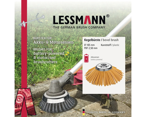 Lessmann Kegelbürste aus Kunststoff für Akku- und Motorsensen, Durchmesser 165 Millimeter, PBT-Besatz 2,50 Millimeter.