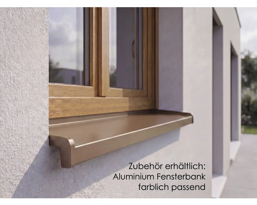 Vue extérieure d'une fenêtre avec appui de fenêtre en aluminium assorti sur un mur de maison crépi.