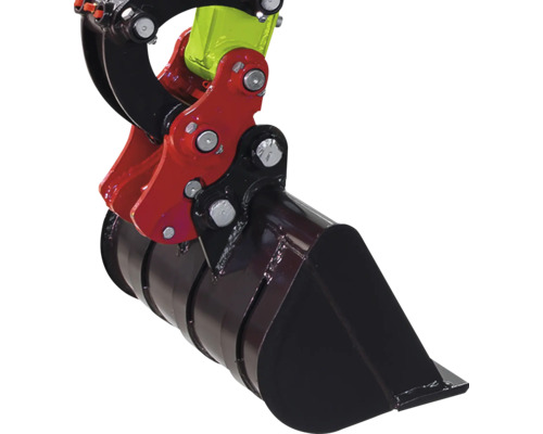Schwarzer Baggerlöffel für Minibagger mit roter Halterung, gelbem Gelenkstück und Metallschrauben.