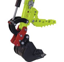 Mechanischer Baggerdaumen aus Metall mit grünem, gezahntem Greifer und schwarzer Baggerschaufel.