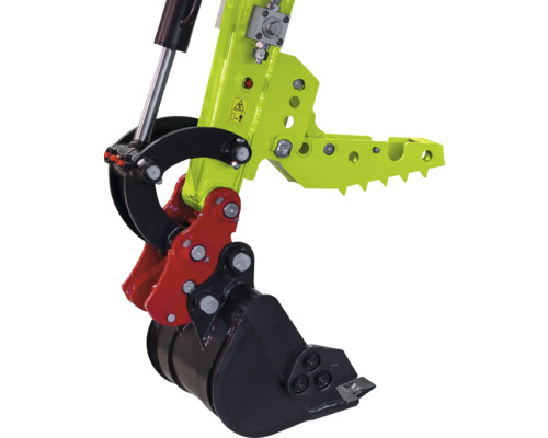 Mechanischer Baggerdaumen aus Metall mit grünem, gezahntem Greifer und schwarzer Baggerschaufel.