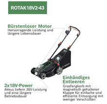 Tondeuse à gazon sans fil Bosch ROTAK 18V2-43 avec moteur sans balais, puissance de 36 Volt via deux batteries de 18 Volt et bac de ramassage.