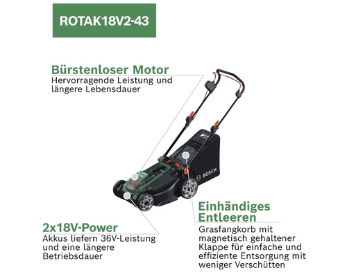 Tondeuse à gazon sans fil Bosch ROTAK 18V2-43 avec moteur sans balais, puissance de 36 Volt via deux batteries de 18 Volt et bac de ramassage.