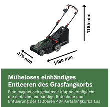Bosch Akku-Rasenmäher mit 40 Liter Grasfangkorb. Maße: Breite 470 Millimeter, Länge 1480 Millimeter, Höhe 1185 Millimeter. Bosch Logo.