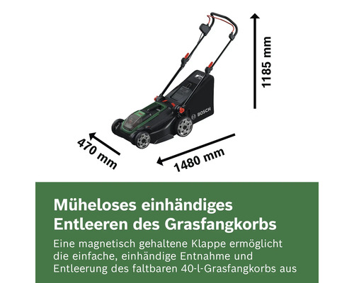 Bosch Akku-Rasenmäher mit 40 Liter Grasfangkorb. Maße: Breite 470 Millimeter, Länge 1480 Millimeter, Höhe 1185 Millimeter. Bosch Logo.