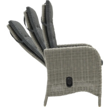 Chaise de jardin en résine tressée avec dossier réglable et coussin, illustration de trois positions d inclinaison différentes.