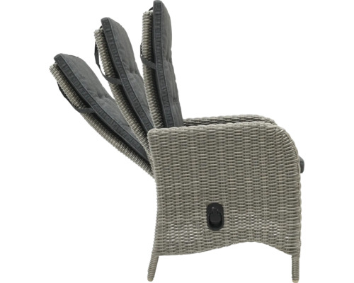 Chaise de jardin en résine tressée avec dossier réglable et coussin, illustration de trois positions d inclinaison différentes.
