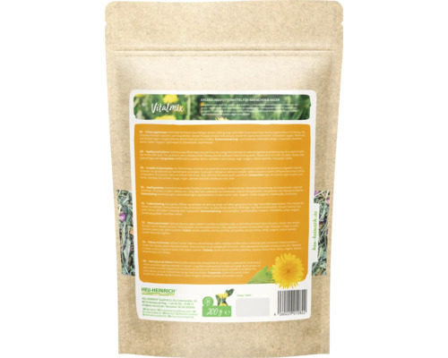 Heu-Heinrich Vitalmix aliment complémentaire pour lapins et rongeurs, 200 grammes, vue arrière de l emballage avec ingrédients et instructions.