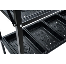 Étagère à plantes en métal noir à plusieurs niveaux, plateaux de culture en plastique et Halls Logo.
