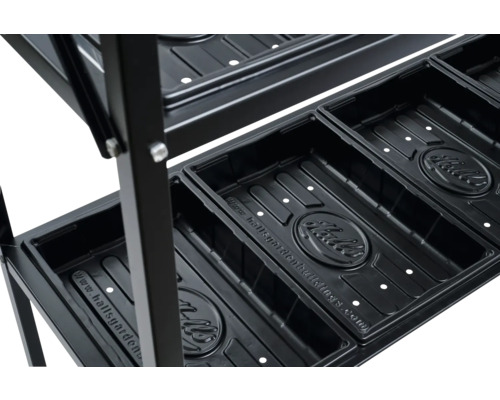 Étagère à plantes en métal noir à plusieurs niveaux, plateaux de culture en plastique et Halls Logo.