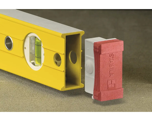 Niveau à bulle Stabila jaune avec fiole et embout amovible rouge avec Stabila Logo.
