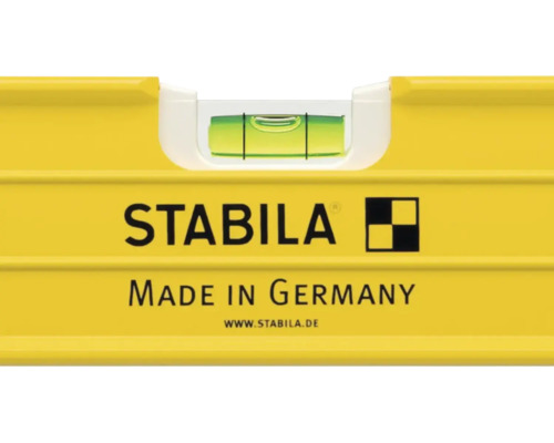 Logo Stabila sur un niveau à bulle avec fiole et l'inscription Made in Germany.