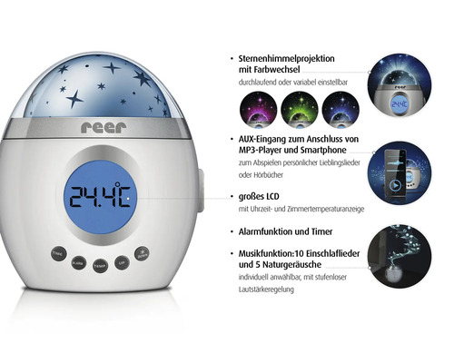 Projecteur d étoiles Reer MyMagicStarlight avec écran LCD pour l heure et la température, fonction musique, connexion AUX et alarme. Reer Logo.