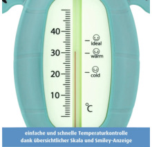 Badethermometer mit Temperaturskala von 10 bis 40 Grad Celsius und Smileys zur Anzeige von idealer, warmer und kalter Wassertemperatur.