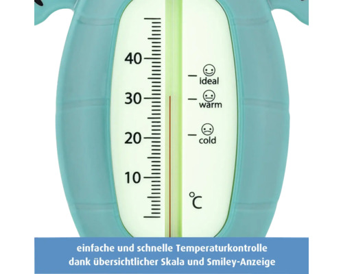 Badethermometer mit Temperaturskala von 10 bis 40 Grad Celsius und Smileys zur Anzeige von idealer, warmer und kalter Wassertemperatur.