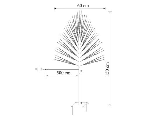 Dessin technique d'un arbre à LED avec une hauteur de 150 centimètres, une largeur de 60 centimètres et un câble de 500 centimètres.