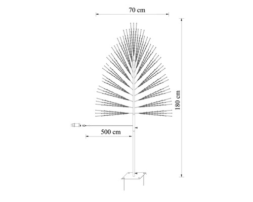 Croquis d'un arbre lumineux LED d'une hauteur de 180 centimètres, d'une largeur de 70 centimètres et d'un câble de 500 centimètres.