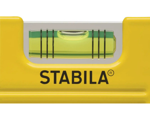Vue détaillée du niveau à bulle Stabila avec fiole et Stabila Logo.