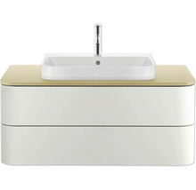 Wandhängender Waschbeckenunterschrank in Weiß mit zwei Schubladen, heller Holzplatte, Aufsatzwaschbecken und einer Armatur.