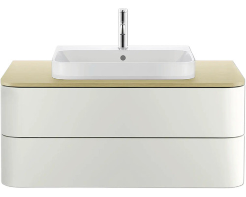 Wandhängender Waschbeckenunterschrank in Weiß mit zwei Schubladen, heller Holzplatte, Aufsatzwaschbecken und einer Armatur.