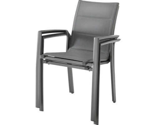 Stapelbarer Gartenstuhl aus Aluminium in Anthrazit mit Textilbespannung und Armlehnen.