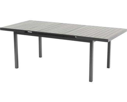 Ausziehbarer Gartentisch aus Aluminium mit lamelierter Tischplatte, rechteckig, Anthrazit.