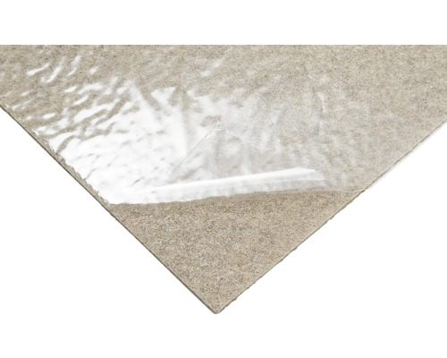 Non-tissé de protection autocollant pour sols avec film de protection partiellement retiré.