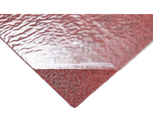 Feutre de protection autocollant rouge avec film transparent partiellement décollé.