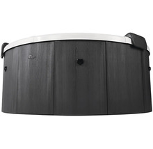 Spa MSpa avec habillage extérieur anthracite aspect bois et rebord blanc.