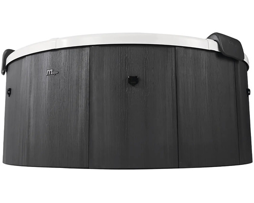 Spa MSpa avec habillage extérieur anthracite aspect bois et rebord blanc.